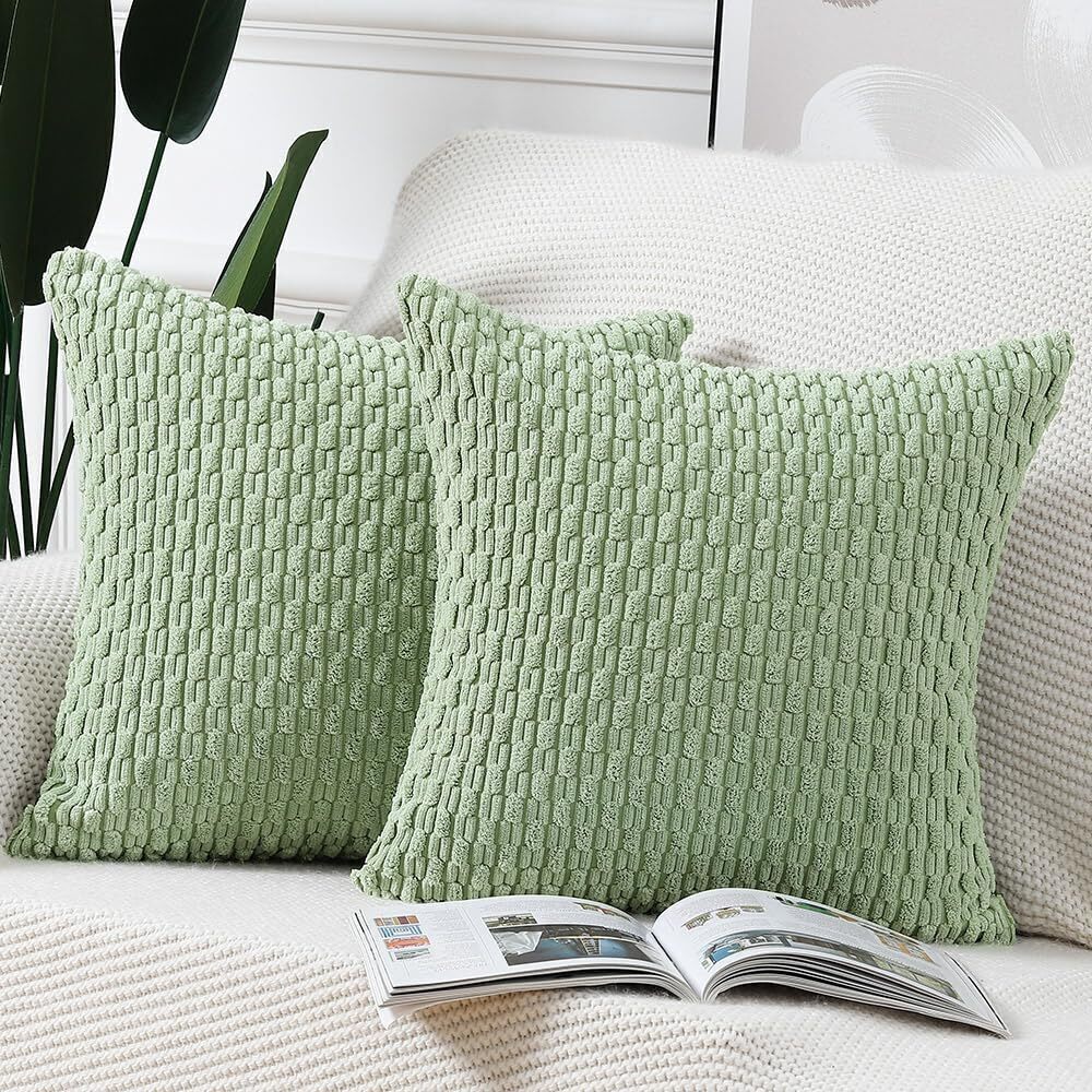 9076 Pack of 2 Boho Corduroy Striped Throw Pillow Covers 18x18 Inch Light